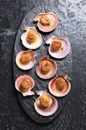 Photo of Delicious fried scallops in shells on black table, top view
