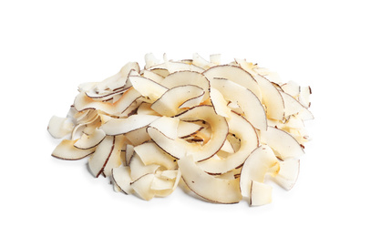 Photo of Pile of coconut chips isolated on white