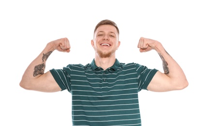 Portrait of handsome young man on white background