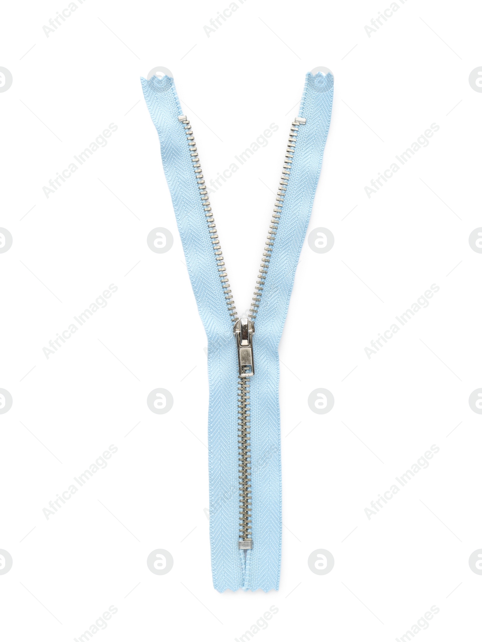 Photo of Light blue zipper isolated on white, top view