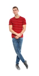 Full length portrait of young man in stylish clothes on white background