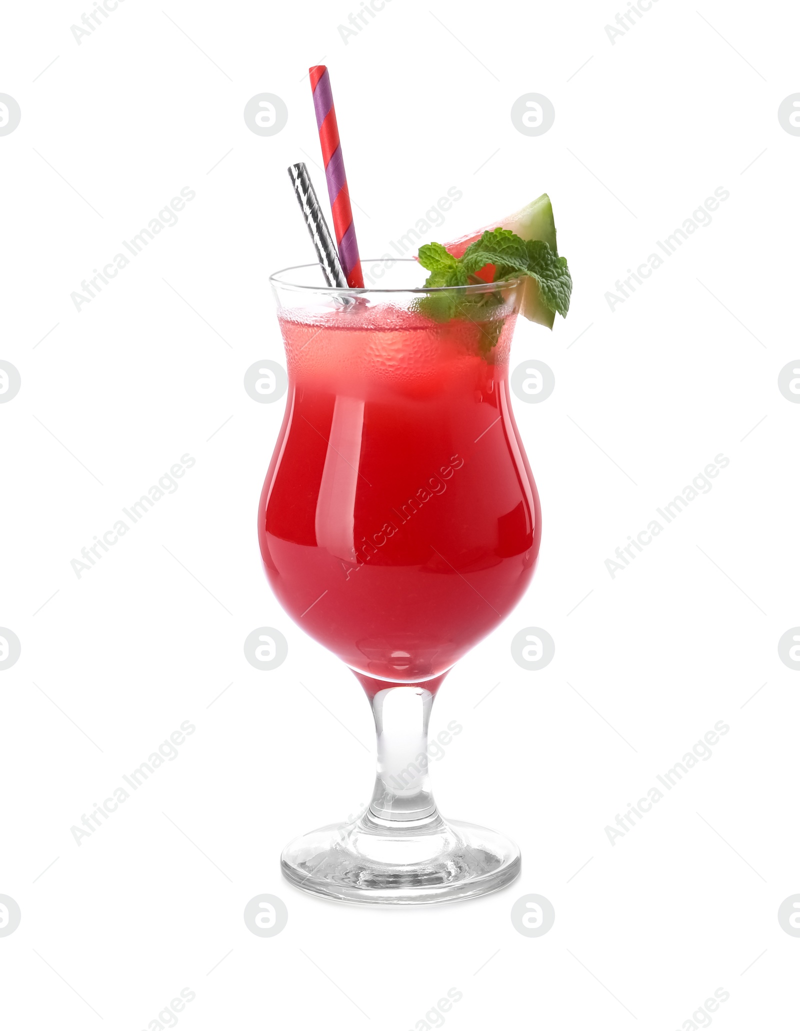 Photo of Delicious fresh watermelon drink on white background