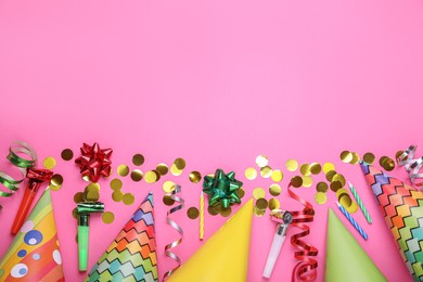 Photo of Flat lay composition with party items on pink background, space for text. Birthday celebration