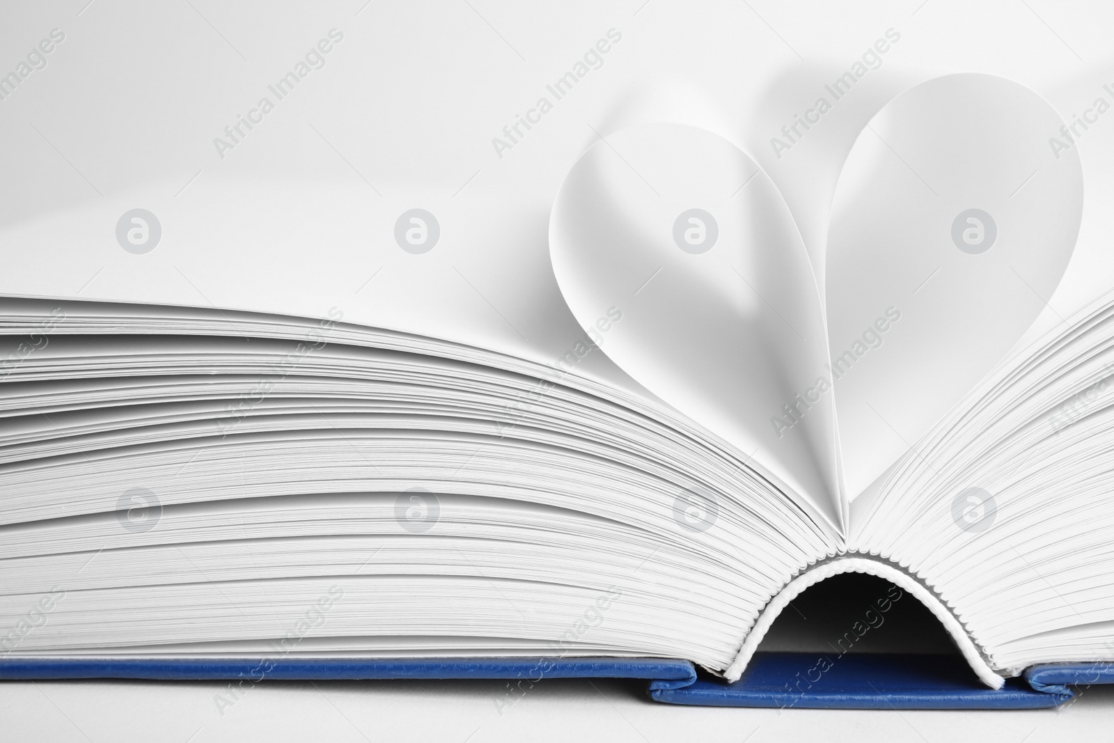 Photo of Closeup view of open book on white background