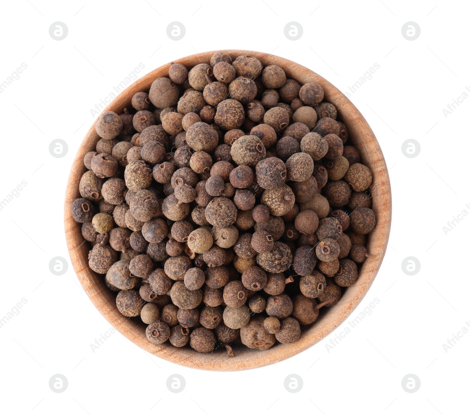 Photo of Spicy black pepper grains isolated on white, top view