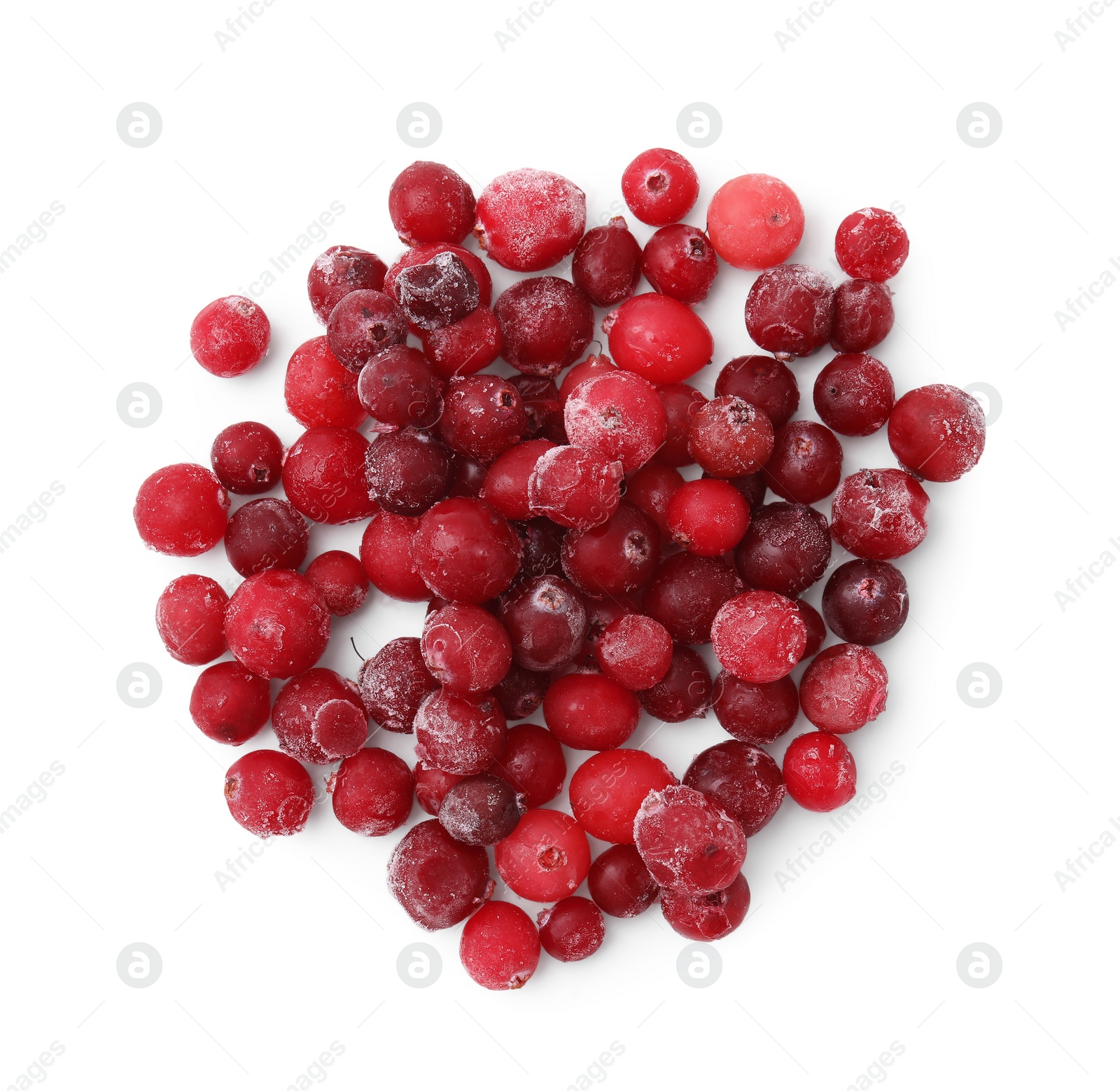 Photo of Pile of frozen red cranberries isolated on white, top view