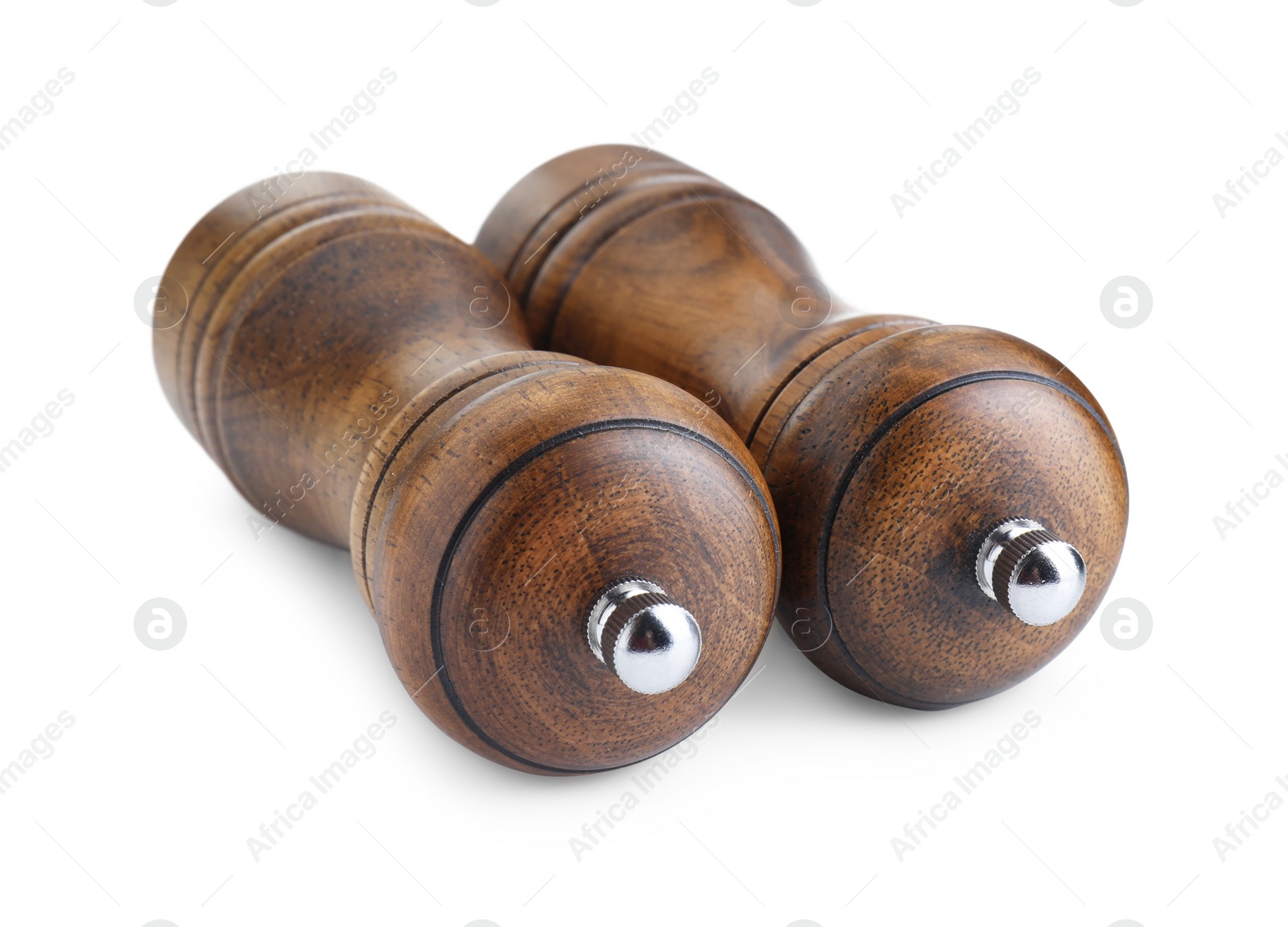 Photo of Wooden salt and pepper shakers isolated on white