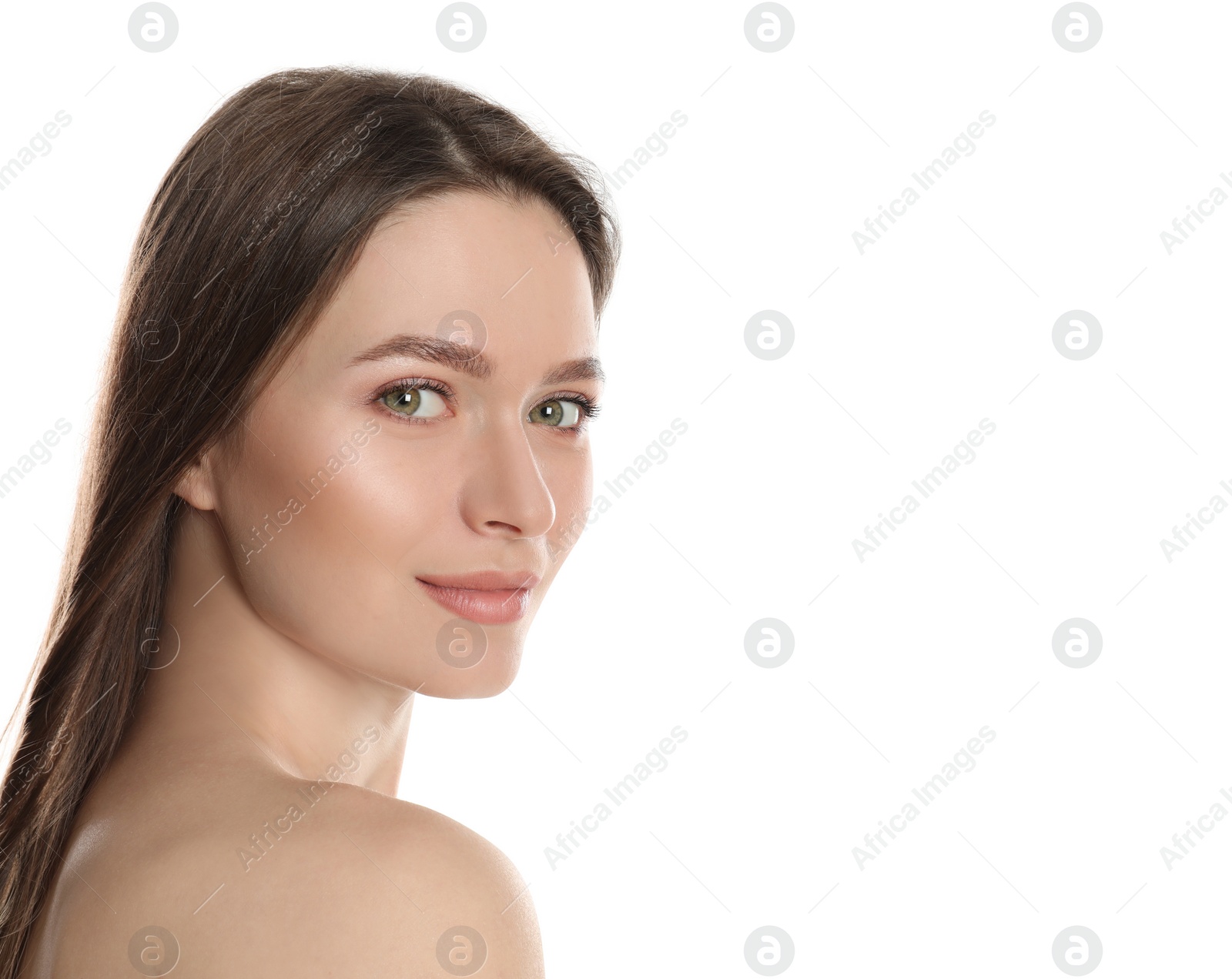 Photo of Portrait of young woman with beautiful face on white background