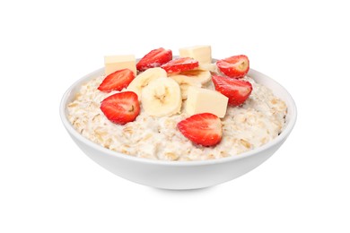 Photo of Tasty boiled oatmeal with banana, strawberries and butter in bowl isolated on white
