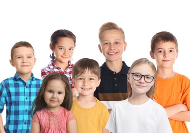 Image of Group of different cheerful children on white background