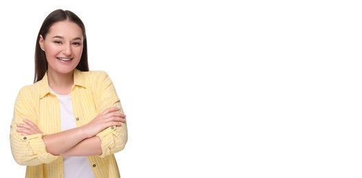 Image of Smiling woman with braces on white background. Banner design with space for text