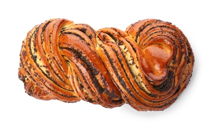 Tasty sweet bun with poppy seeds on white background, top view