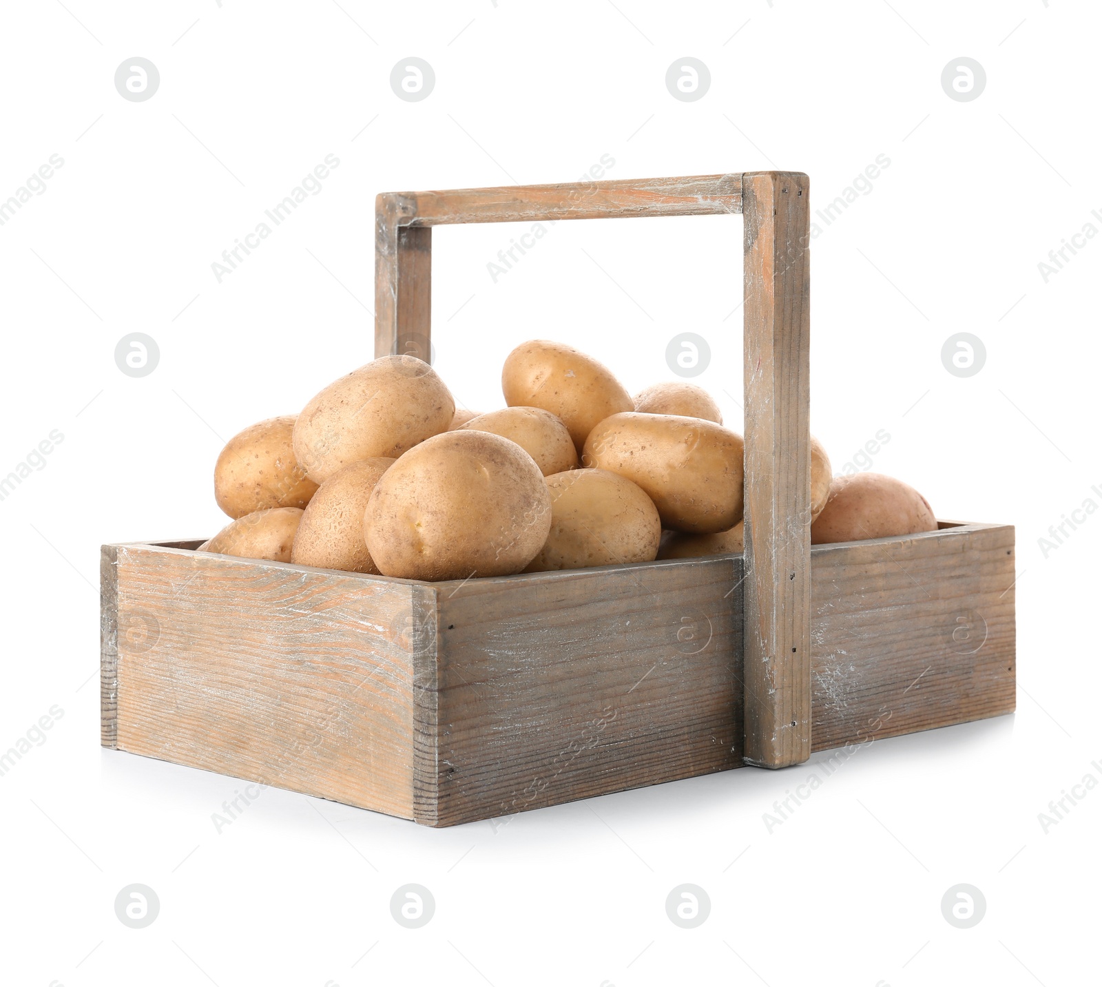 Photo of Basket with fresh ripe organic potatoes on white background