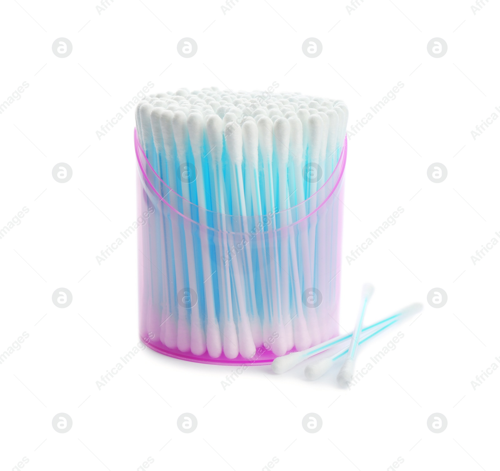 Photo of Plastic container with cotton swabs on white background