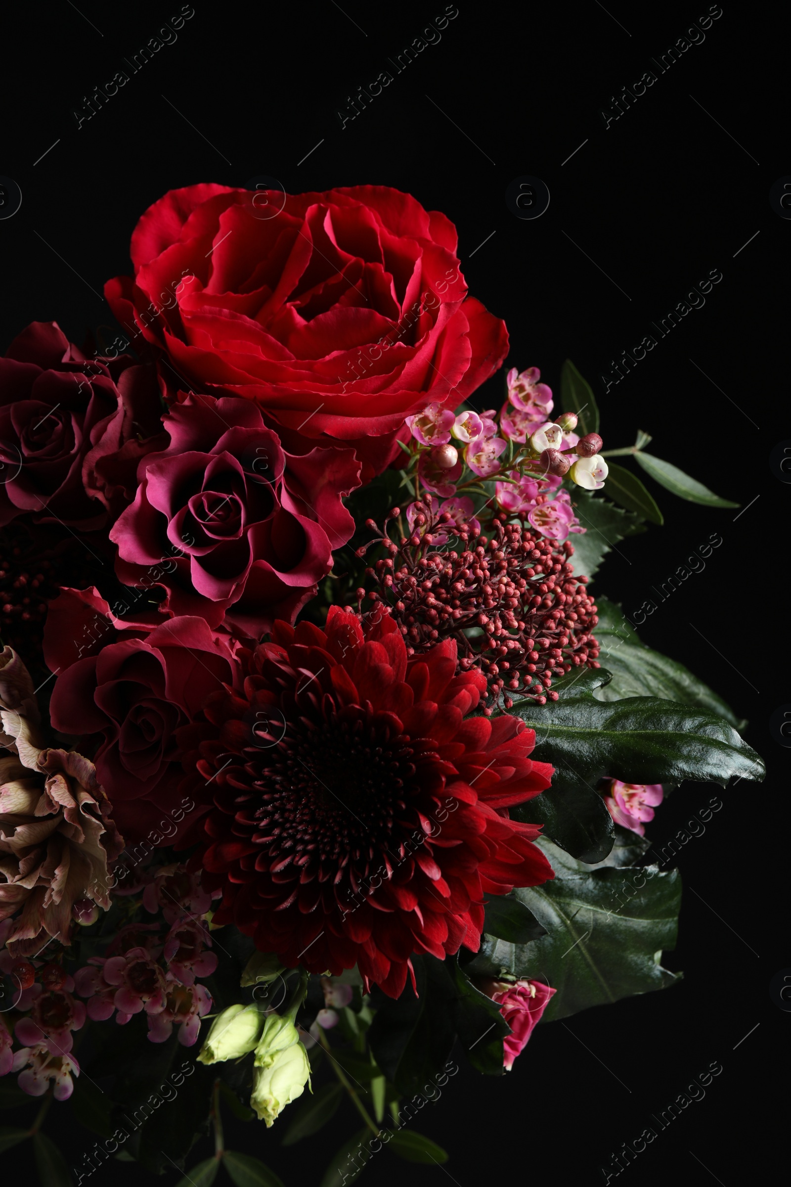 Photo of Beautiful bouquet of fresh flowers on dark background