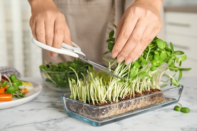 Photo of Woman cutting fresh organic microgreen at white marble table indoors, closeup