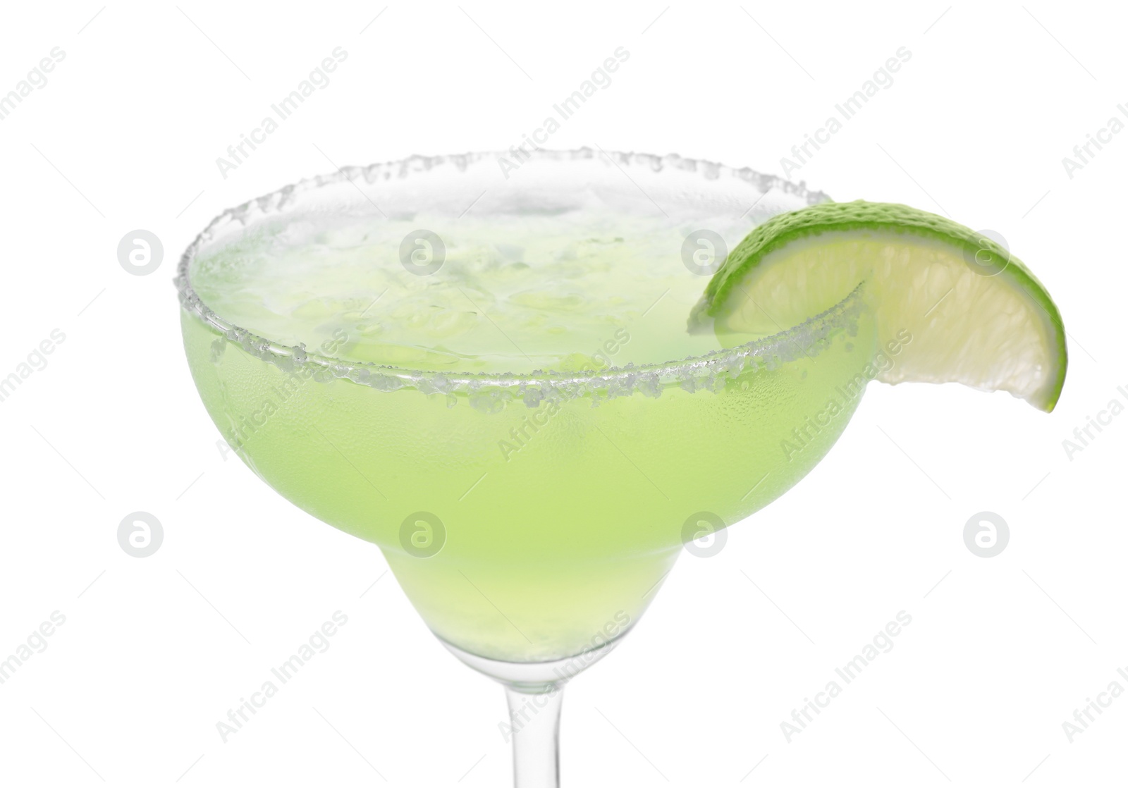 Photo of Delicious Margarita cocktail with ice cubes in glass, salt and lime isolated on white