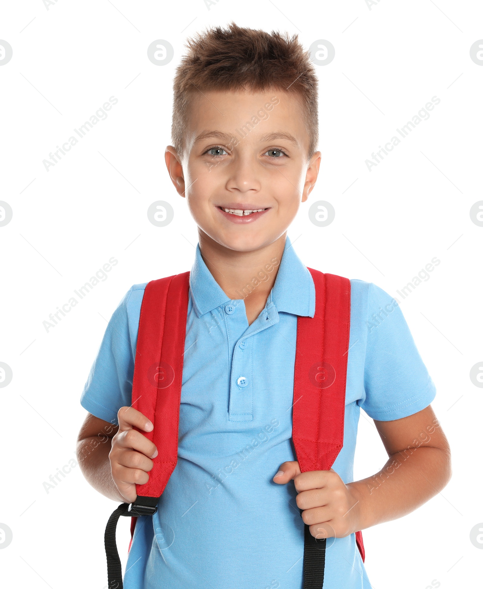 Photo of Happy boy in school uniform on white background