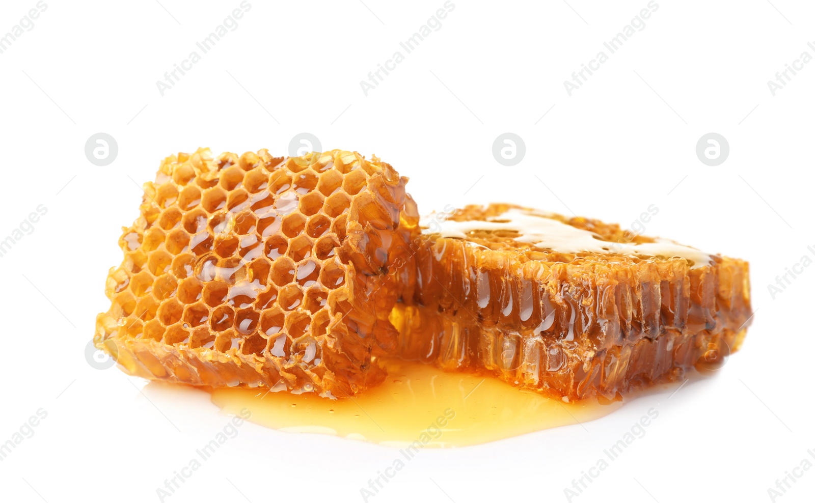 Photo of Fresh honeycombs on white background. Organic product