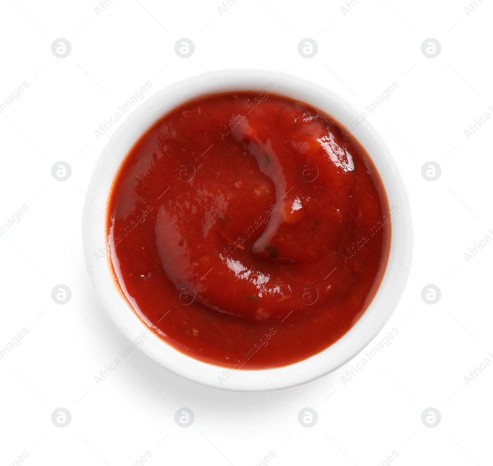 Photo of Delicious tomato sauce in bowl on white background, top view