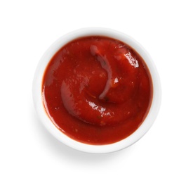Delicious tomato sauce in bowl on white background, top view