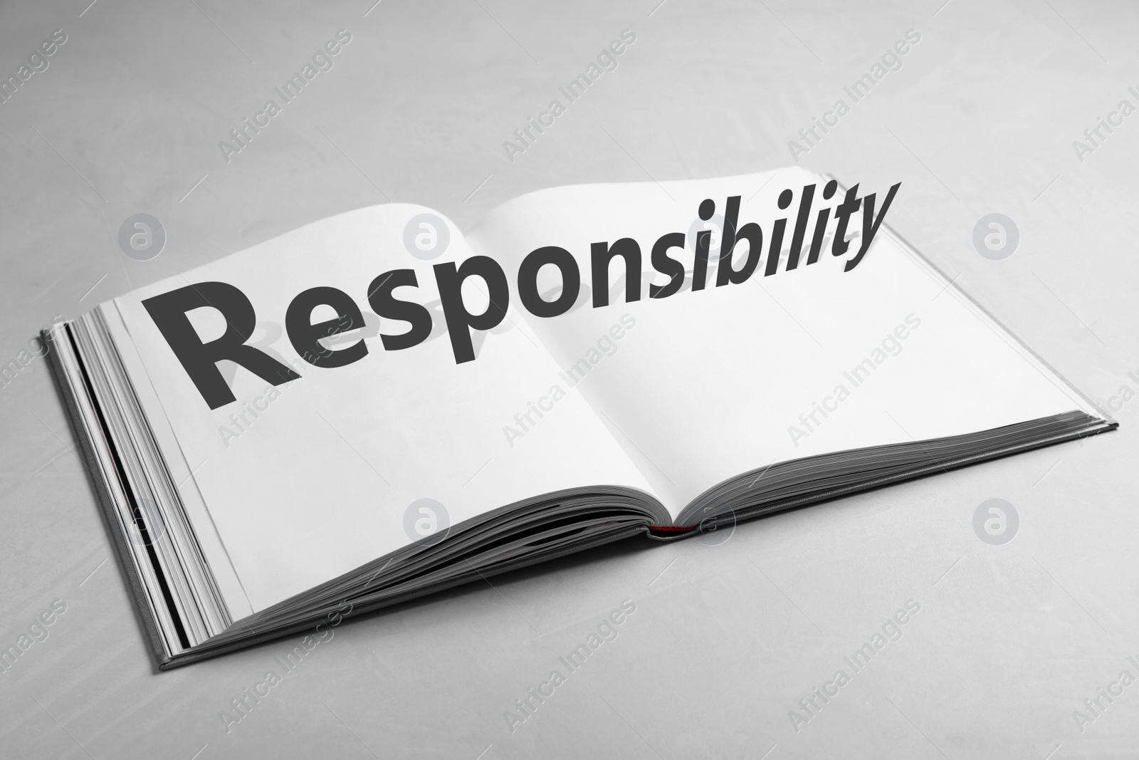 Image of Roles and Responsibility concept. Open book on light grey table