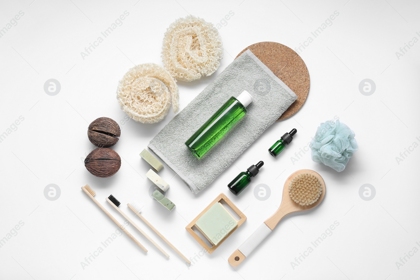 Photo of Bath accessories. Flat lay composition with personal care products on white background