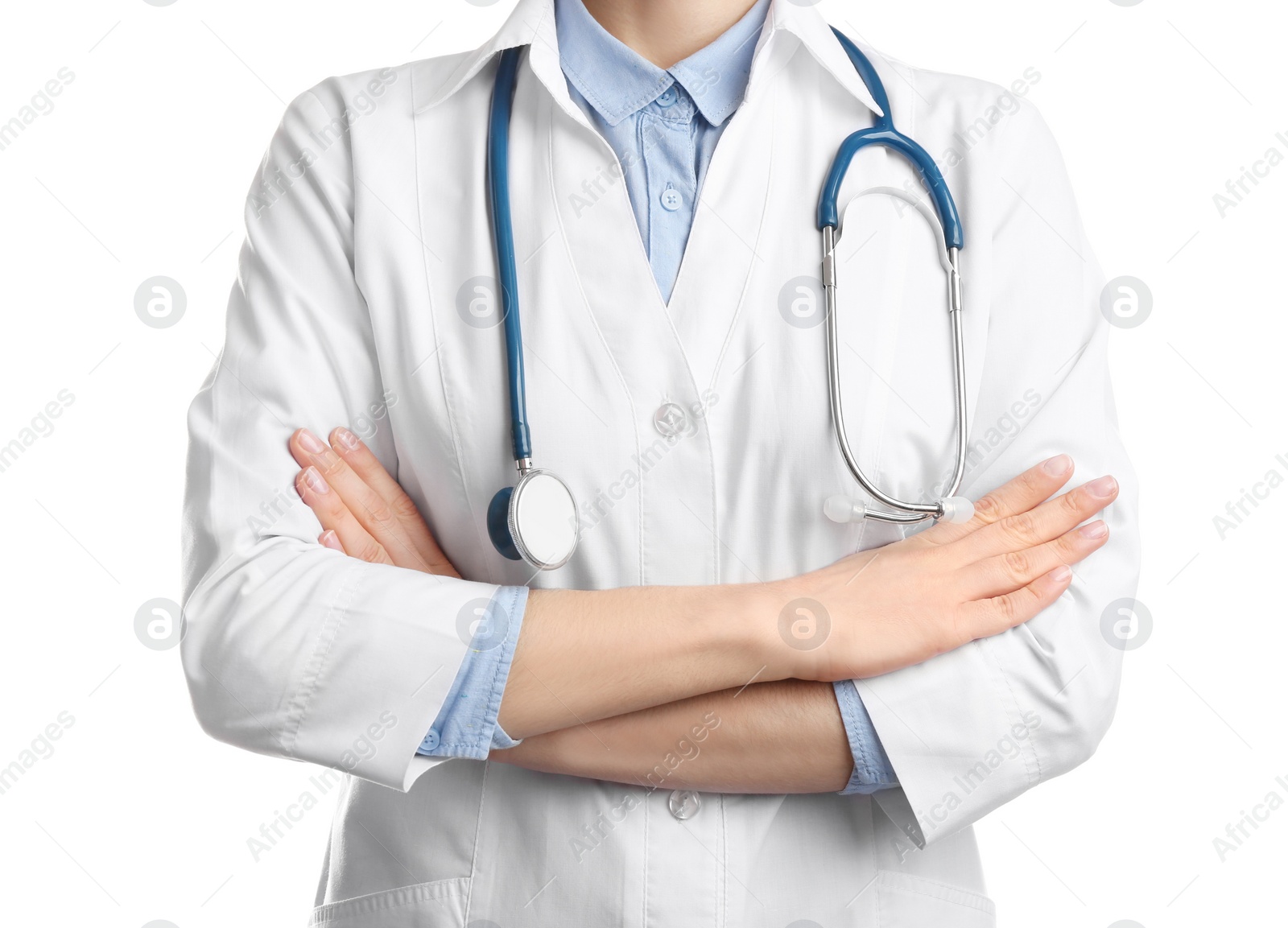 Photo of Doctor with stethoscope on white background, closeup. Medical service