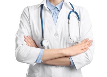 Photo of Doctor with stethoscope on white background, closeup. Medical service