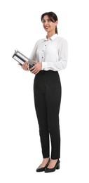 Happy businesswoman with folders on white background