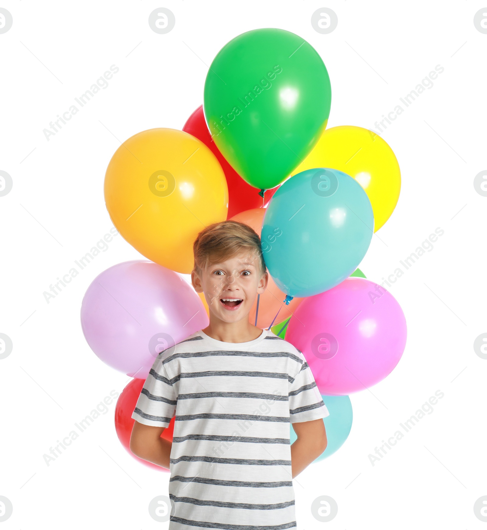 Photo of Emotional little boy holding bunch of colorful balloons on white background