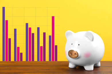 White piggy bank and graph on yellow background