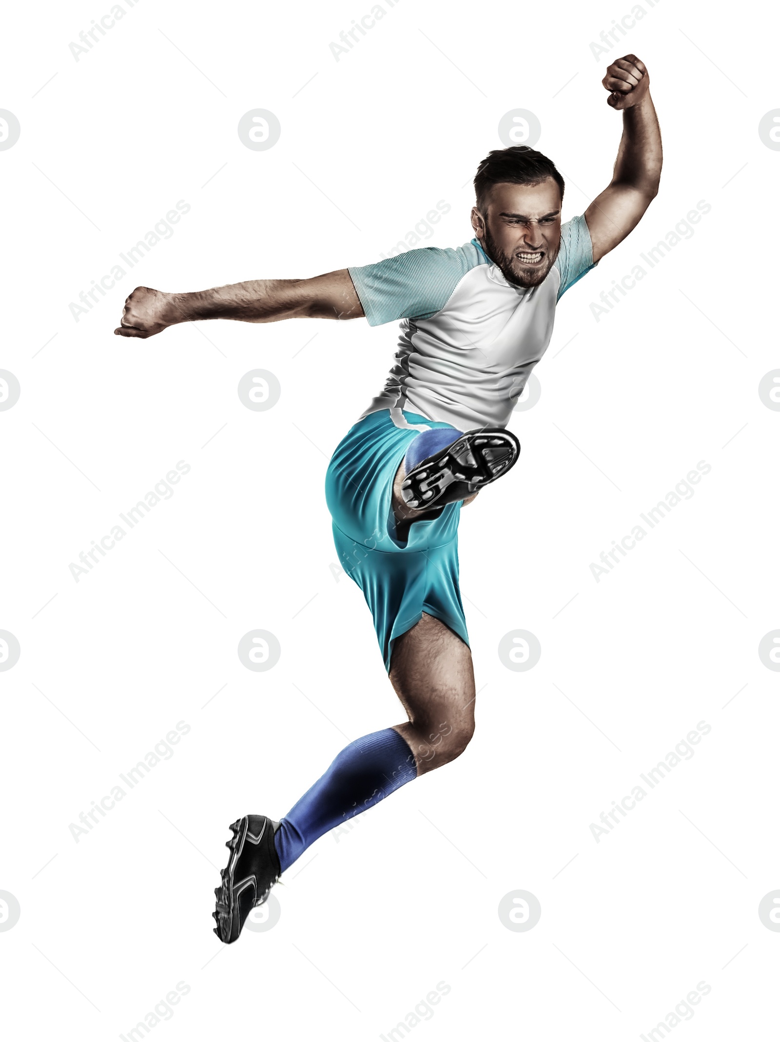 Image of Young emotional football player on white background