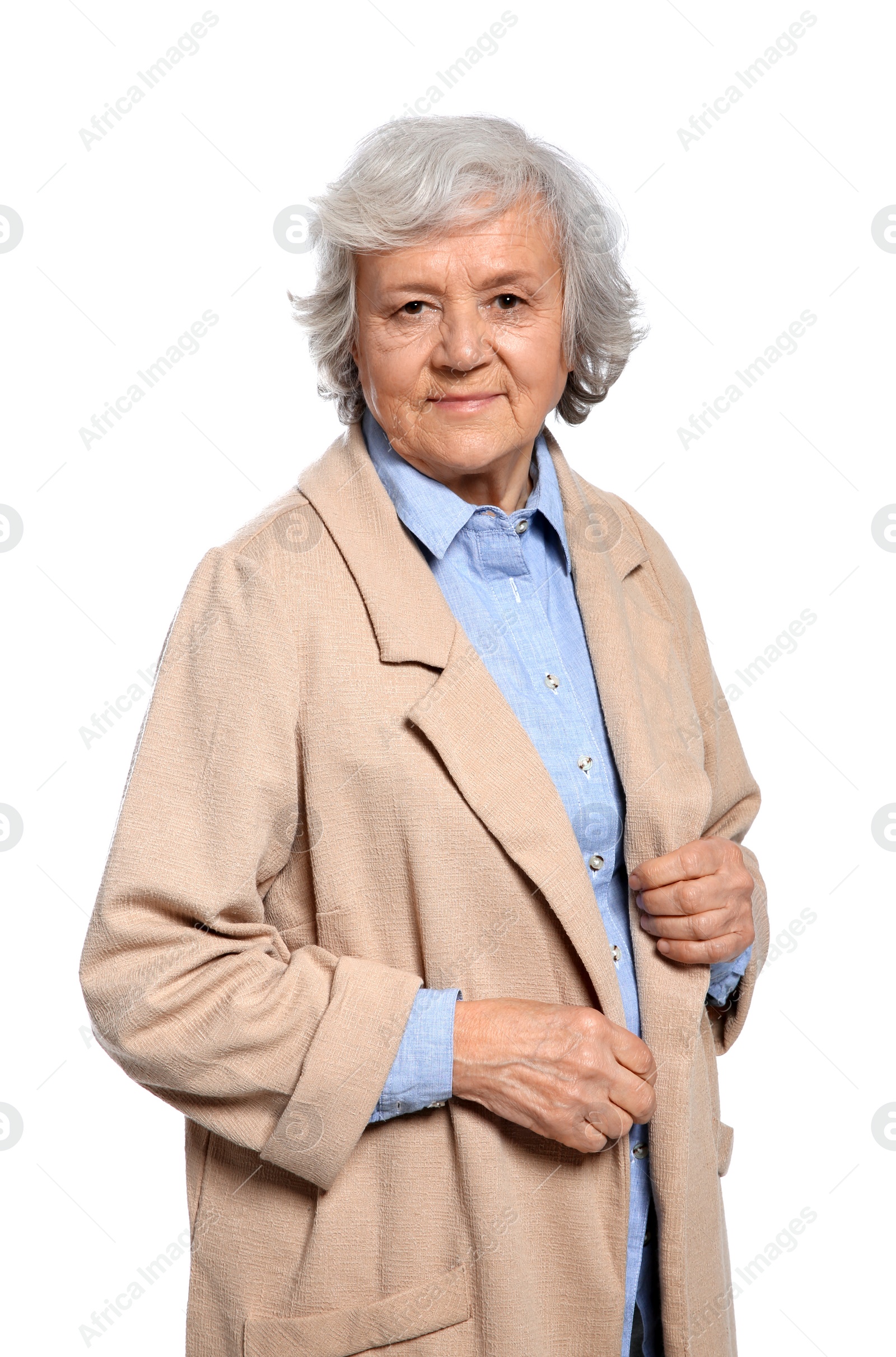 Photo of Portrait of elderly woman on white background