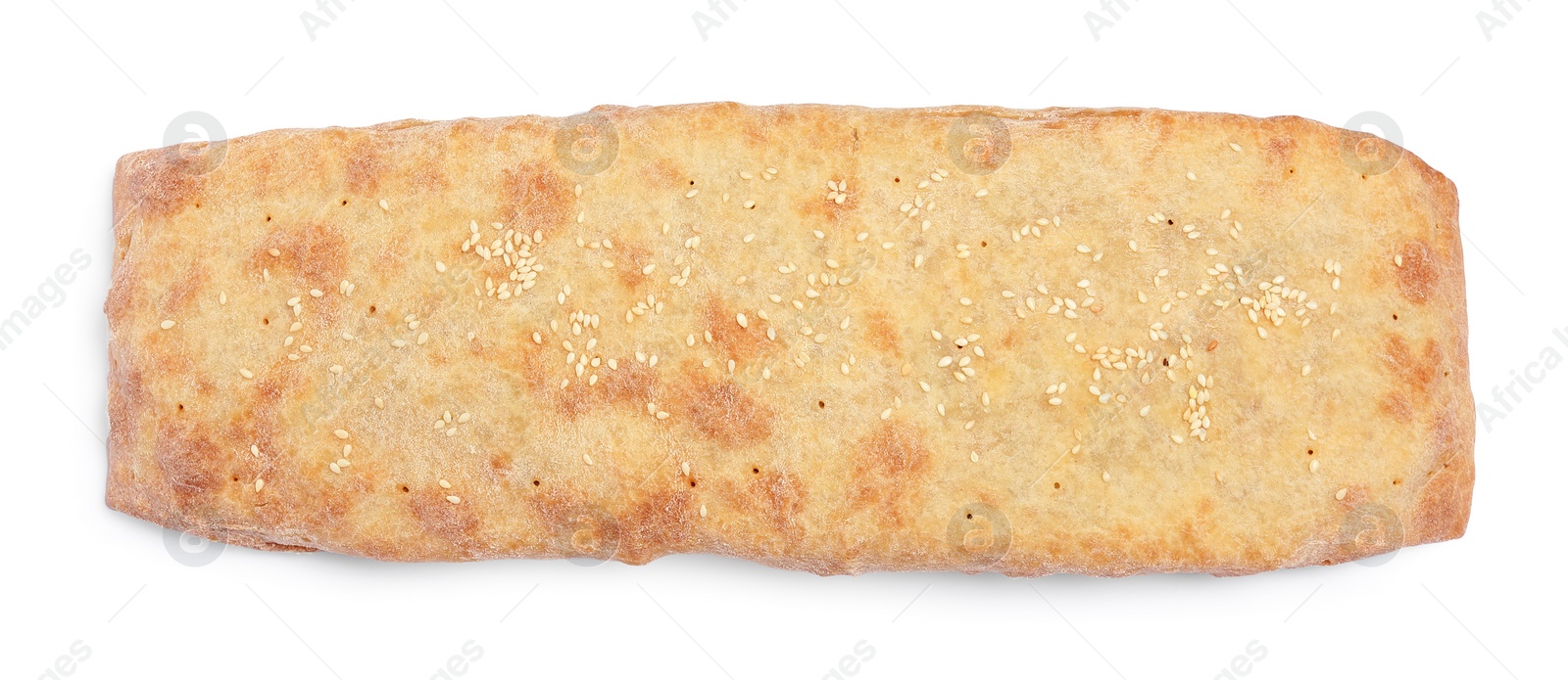 Photo of Delicious strudel with tasty filling isolated on white, top view