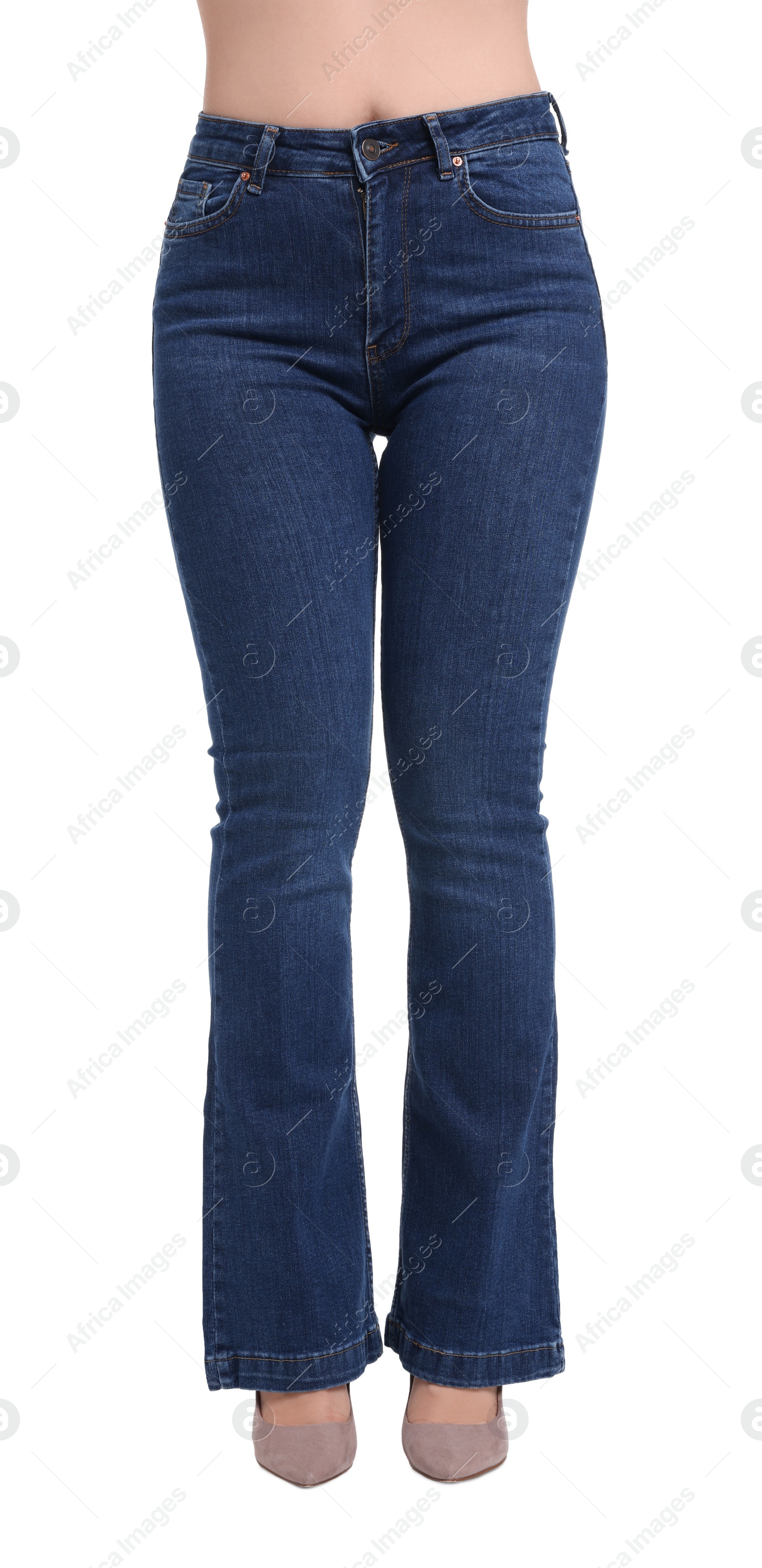 Photo of Woman in stylish jeans on white background, closeup