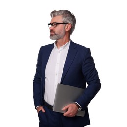 Portrait of serious man in glasses with laptop on white background. Lawyer, businessman, accountant or manager