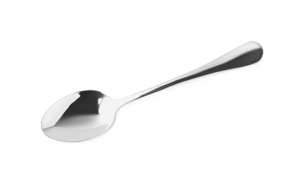 Photo of One clean shiny spoon isolated on white, top view. Cooking utensil