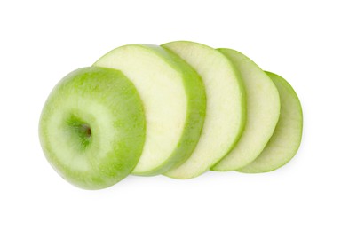 Photo of Sliced ripe green apple isolated on white, top view