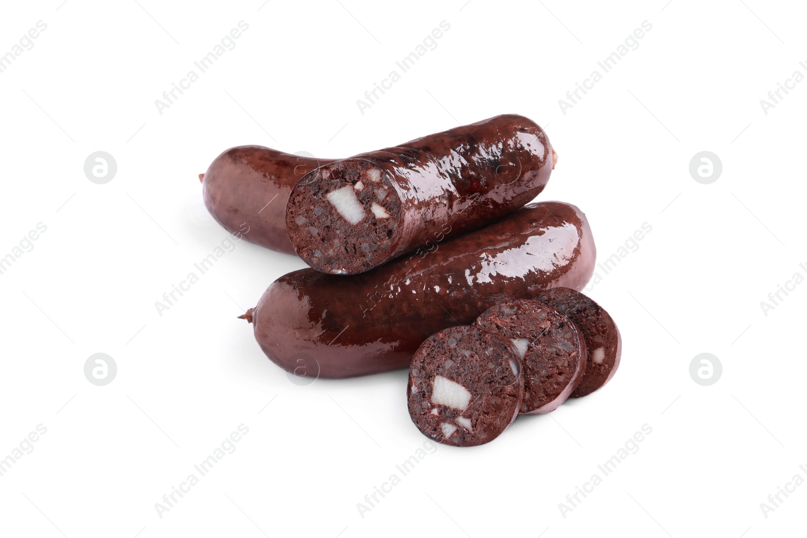 Photo of Cut and whole tasty blood sausages on white background