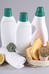 Photo of Bottles of cleaning product, sponges, brushes, lemon and rag on light background