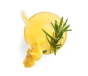 Photo of Glass of tasty pineapple cocktail with rosemary isolated on white, top view