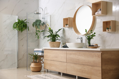 Green plants in elegant modern bathroom. Interior design