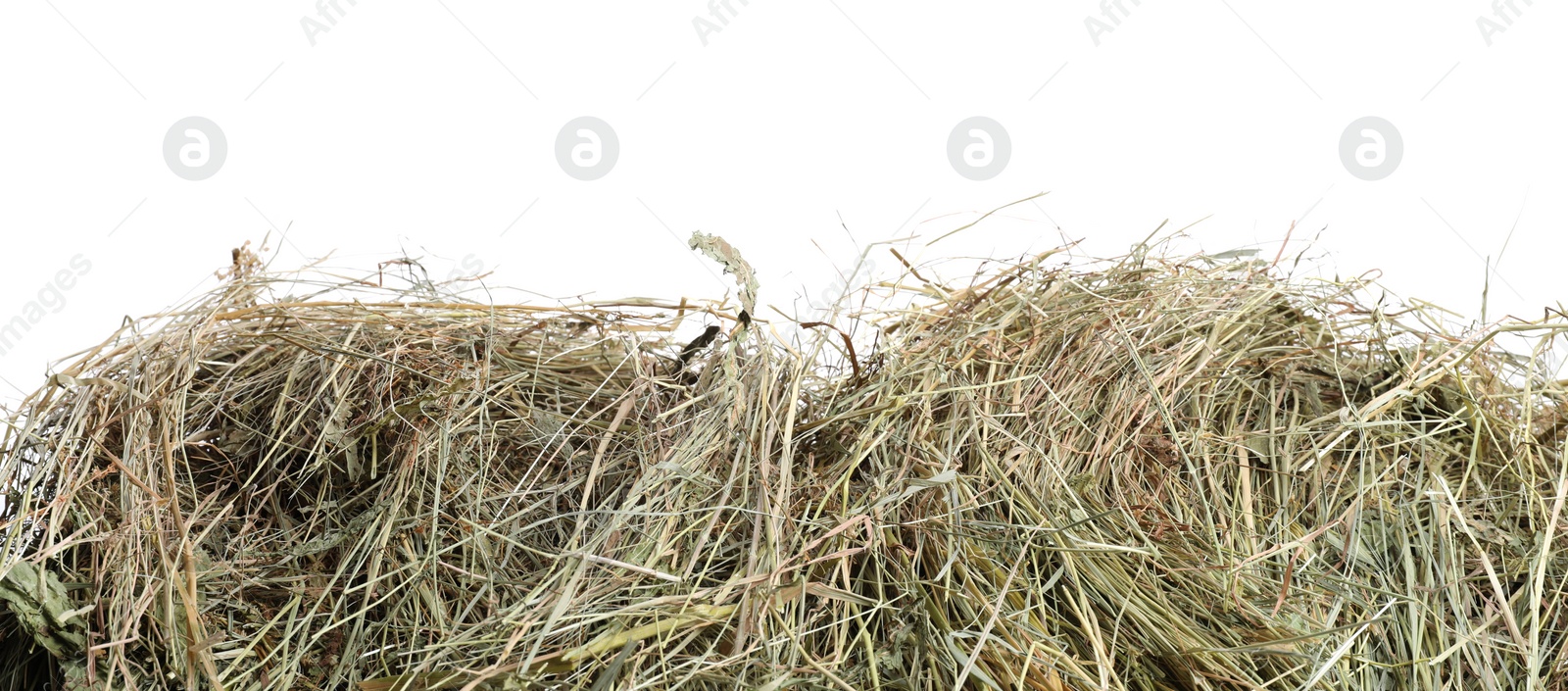 Photo of Dried hay isolated on white. Livestock feed