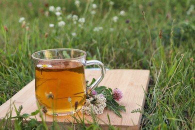 Photo of Cup of aromatic herbal tea and different wildflowers on wooden board in meadow. Space for text