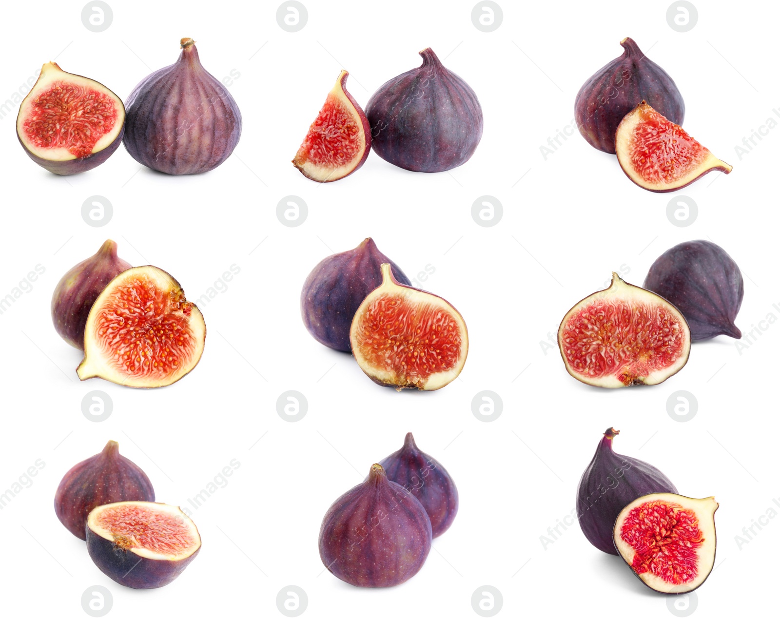 Image of Set of cut and whole figs on white background