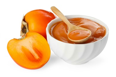 Photo of Delicious persimmon jam and fresh fruits isolated on white