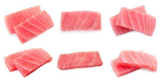 Image of Collage with fresh tuna sashimi isolated on white, top and side views