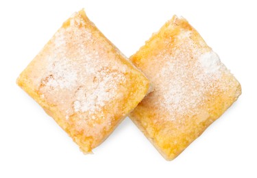 Tasty lemon bars with powdered sugar isolated on white, top view