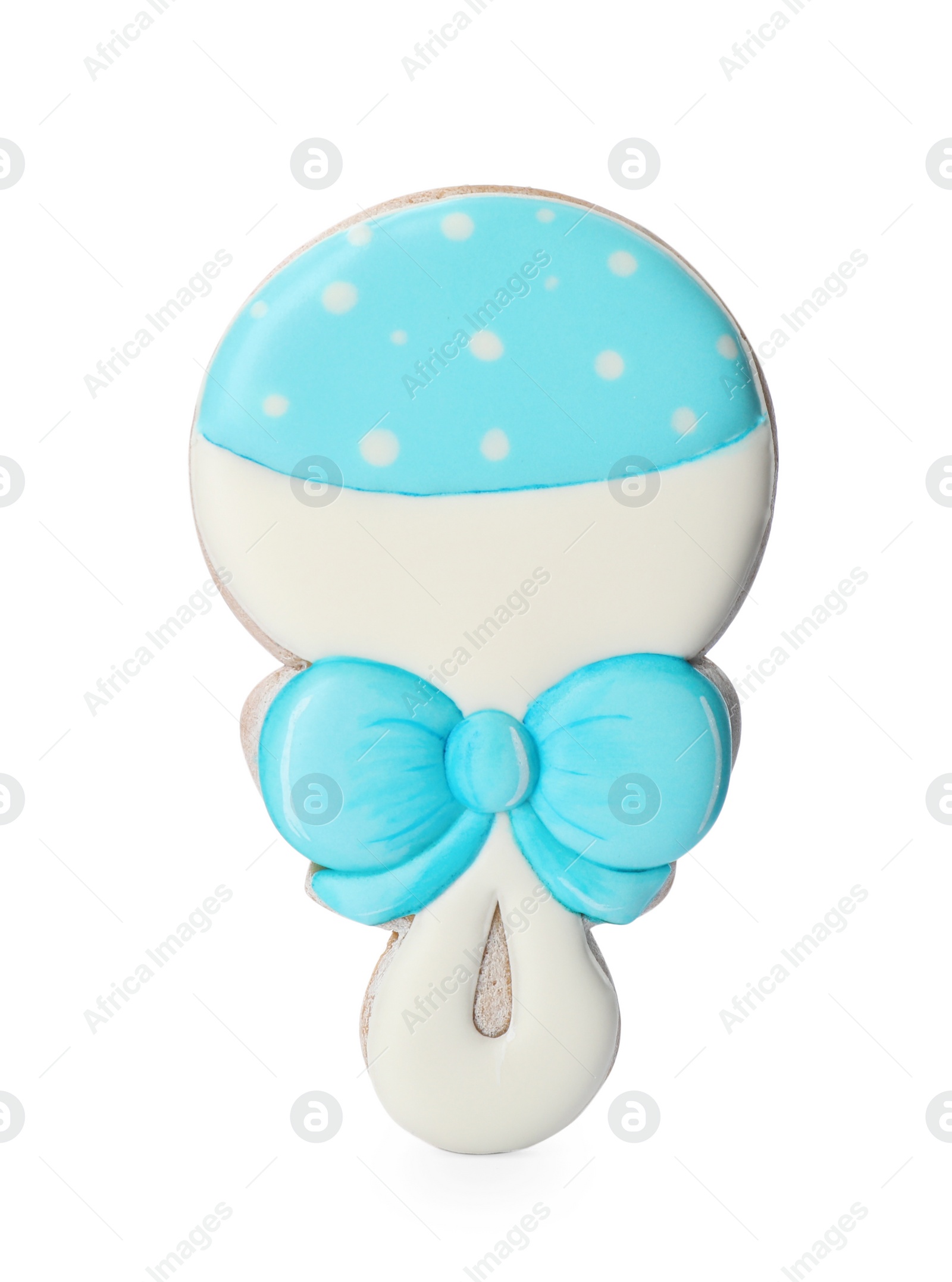 Photo of Tasty cookie in shape of rattle isolated on white. Baby shower party